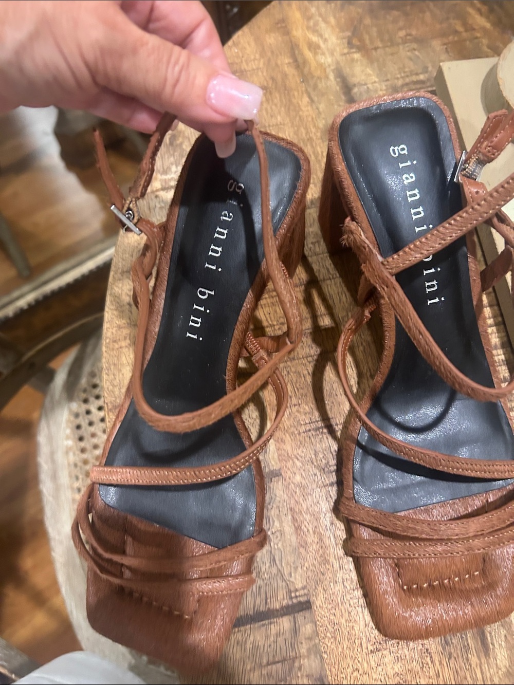 Gianni Bini Tan Strappy Square-Toe Block Heels